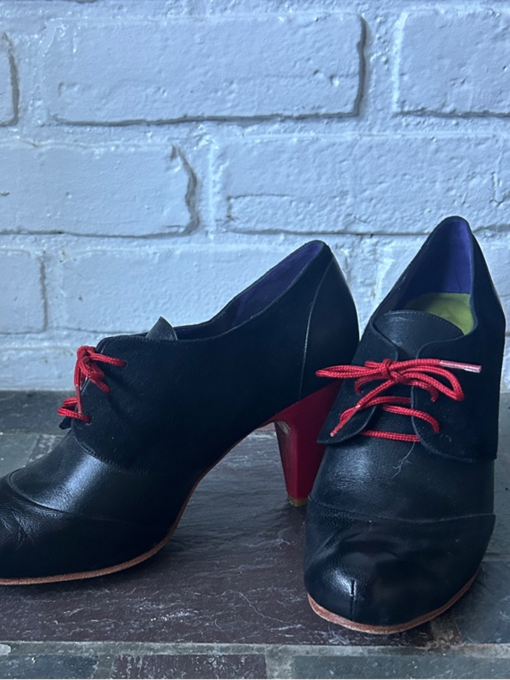 Women's Black Leather Lace-Up Heels with Red Laces and Red Block Heel